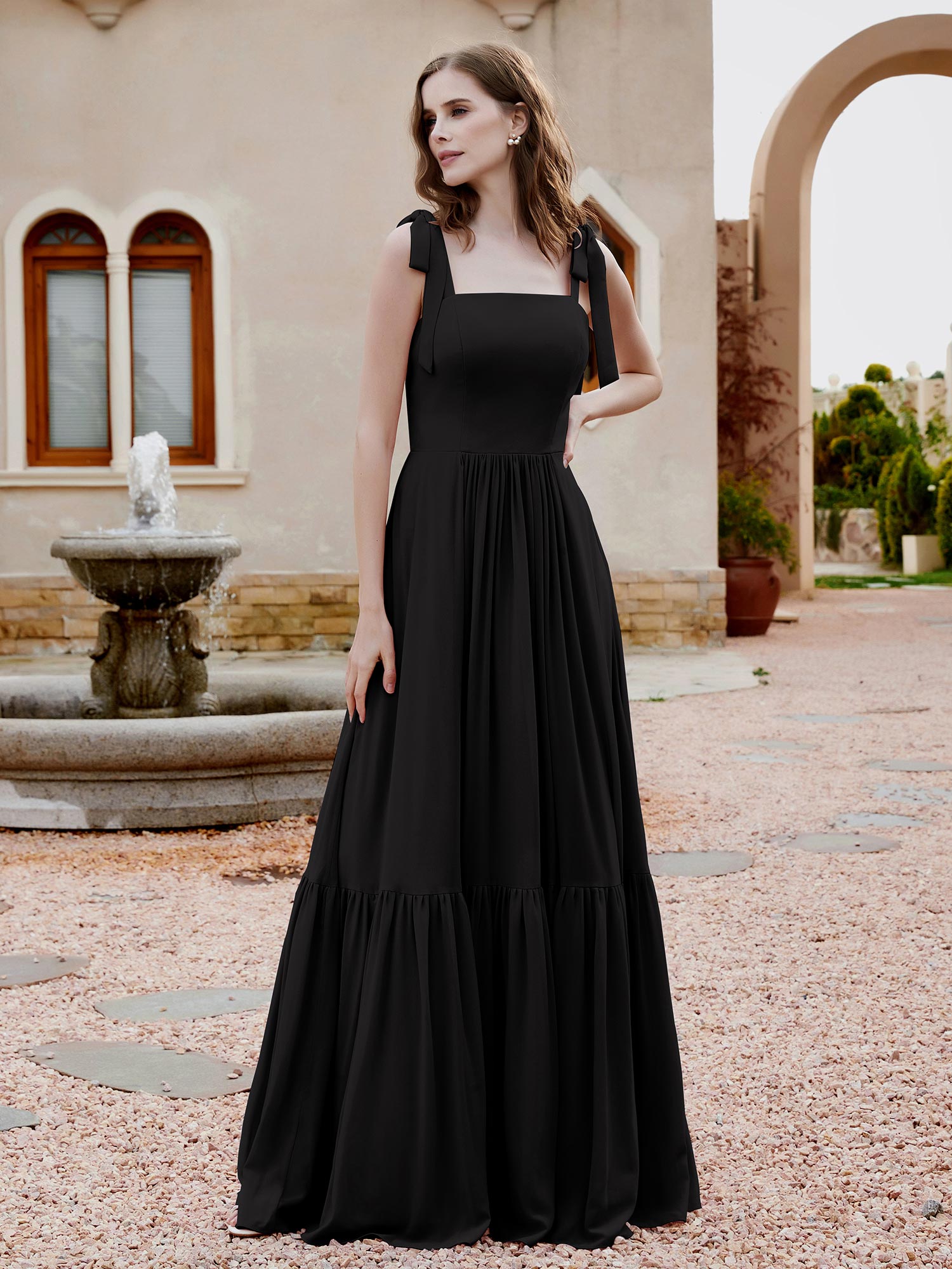 Square Neckline Ruched Chiffon Floor-length Dress Black